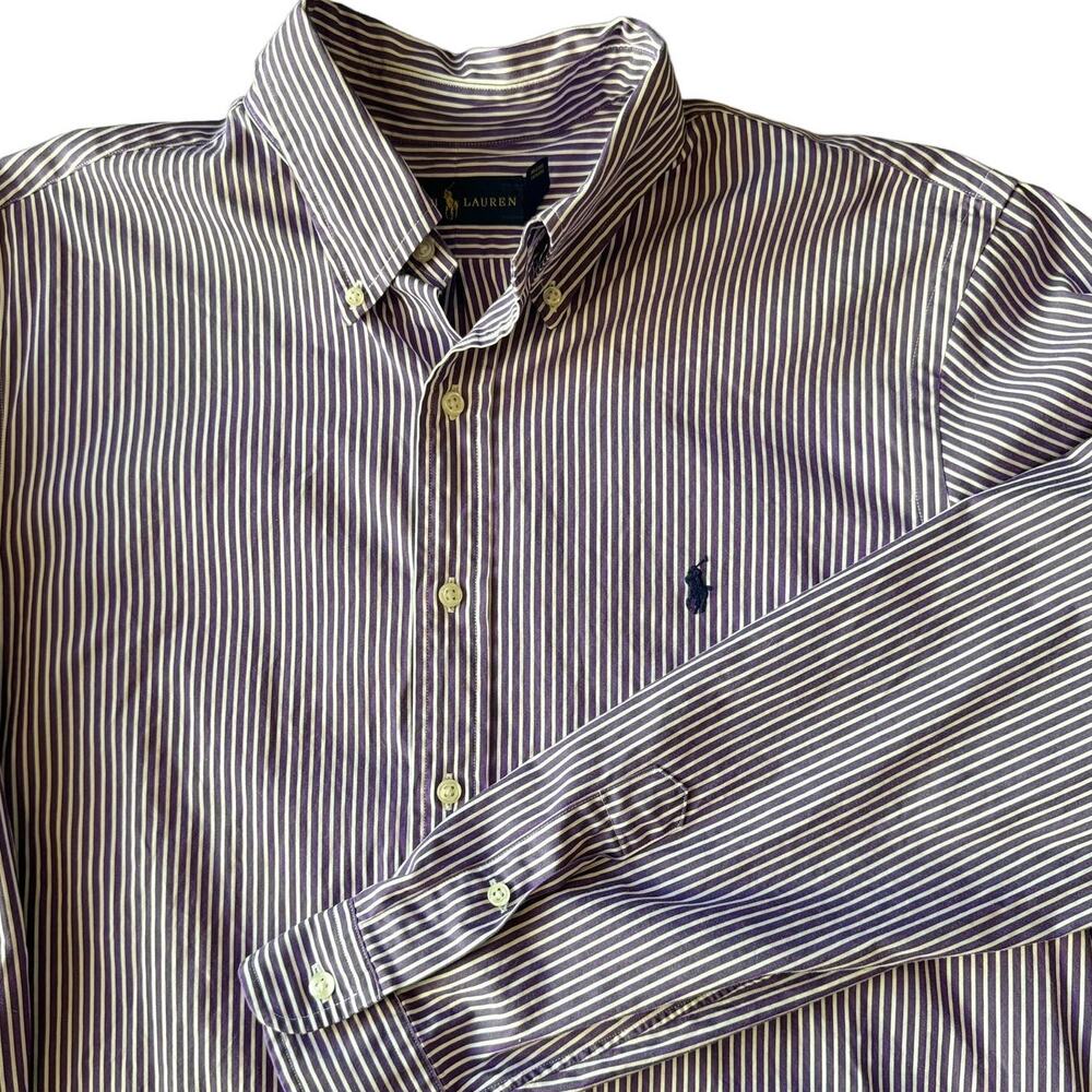 Ralph Lauren Men's 17 Button Down Long Sleeve Shirt Purple White Striped - Picture 1 of 5